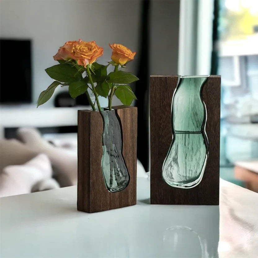 Crystal Glass Flower Vase with Organic Wood-Style Edge for Dining Room & Console Tables | Rustic Sculptural Accent