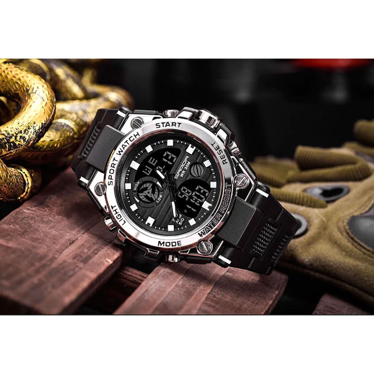 Tactical Men's Watch Dual Time Analog Digital Display Stopwatch Alarm LED Backlight Calendar Stainless Steel Case Silicone Band Shock
