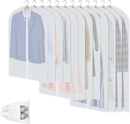 Clear PEVA Garment Storage Bags | Waterproof Clothing Covers with Full-Length Zipper | 12-Pack for Dust Protection and Easy Access