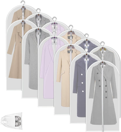Clear PEVA Garment Storage Bags | Waterproof Clothing Covers with Full-Length Zipper | 12-Pack for Dust Protection and Easy Access