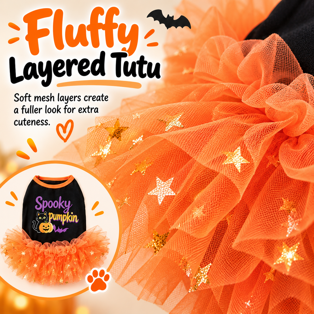 Ortekor Halloween Dog Tutu Dress for Parties & Photos - Soft Lightweight Costume for Small Dogs