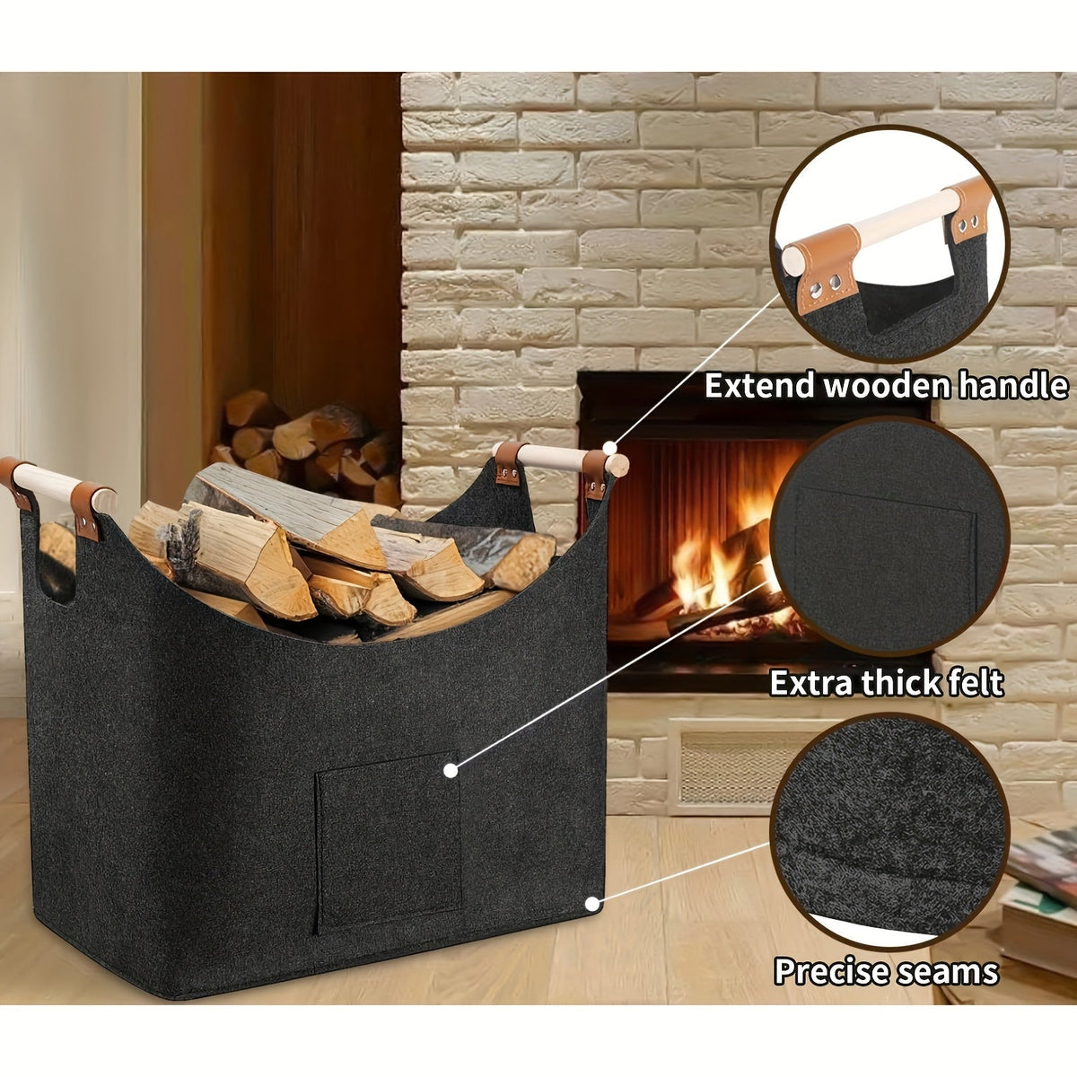 Collapsible Firewood Basket with Wooden Handles – 14.5 Gallon Felt Log Carrier for Living Room & Fireplace – Dark Gray Storage Bin