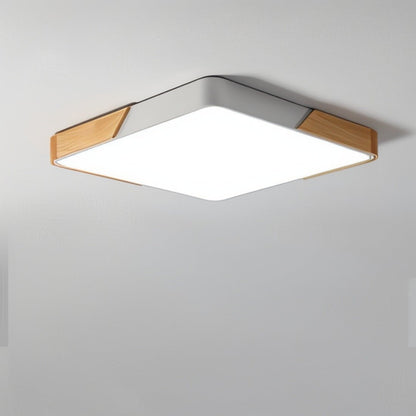 LED Flush Mount Fixture with Wood Accent 16 in Round for Bedroom Office Living Room Contemporary Low Profile Overhead Lamp Natural Finish In