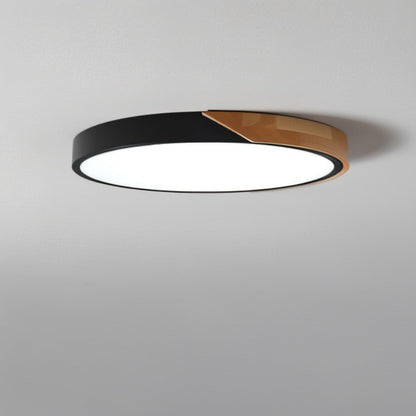 LED Flush Mount Fixture with Wood Accent 16 in Round for Bedroom Office Living Room Contemporary Low Profile Overhead Lamp Natural Finish In