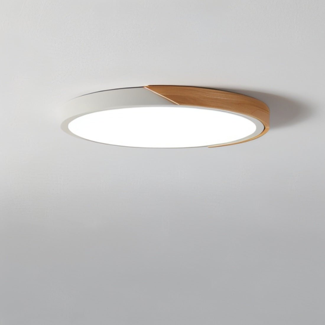 LED Flush Mount Fixture with Wood Accent 16 in Round for Bedroom Office Living Room Contemporary Low Profile Overhead Lamp Natural Finish In