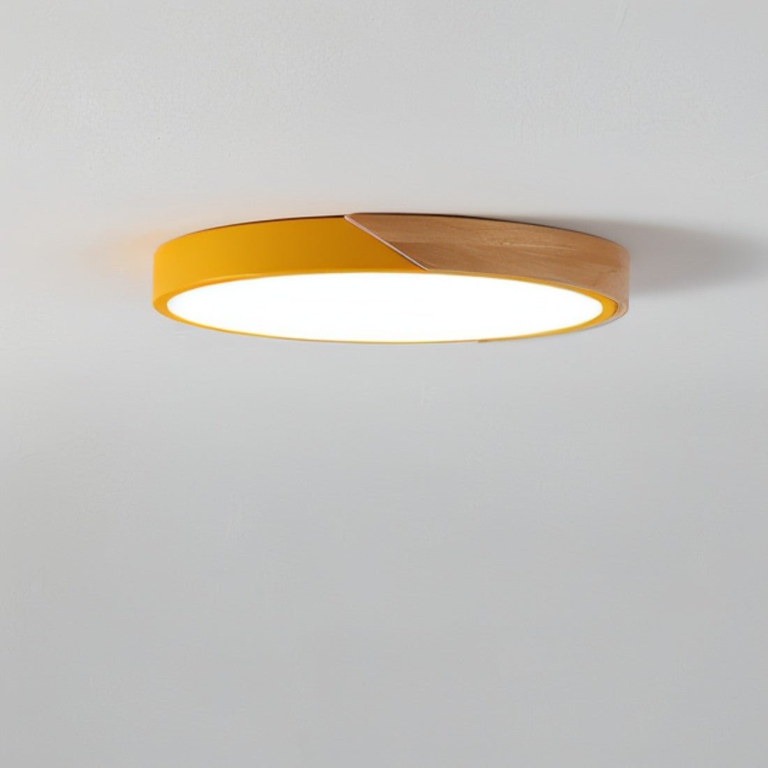 LED Flush Mount Fixture with Wood Accent 16 in Round for Bedroom Office Living Room Contemporary Low Profile Overhead Lamp Natural Finish In