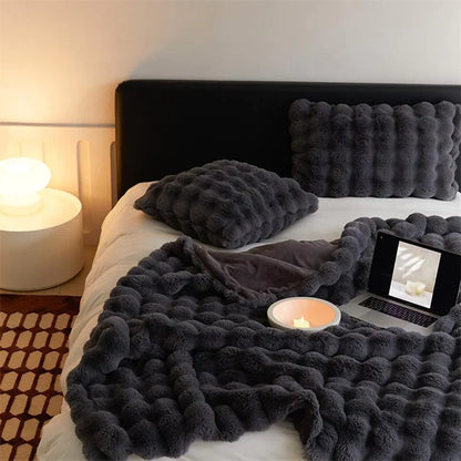 Plush Synthetic Fur Throw Blanket in Neutral Tones for Sofa, Bed, Living Room, and Bedroom