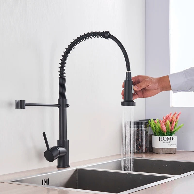 Brass Single-Hole Faucet with Rotating Spout & Detachable Spray Nozzle for Contemporary Kitchens & Dual-Basin Prep Areas