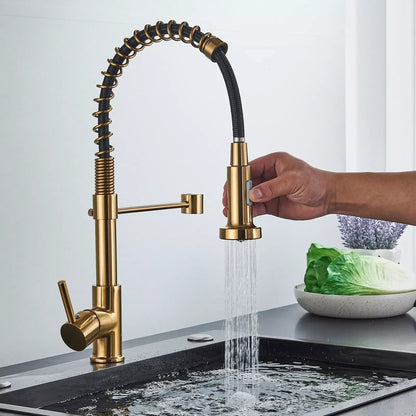 Brass Single-Hole Faucet with Rotating Spout & Detachable Spray Nozzle for Contemporary Kitchens & Dual-Basin Prep Areas