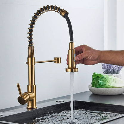 Brass Single-Hole Faucet with Rotating Spout & Detachable Spray Nozzle for Contemporary Kitchens & Dual-Basin Prep Areas