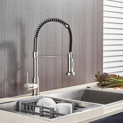 Brass Single-Hole Faucet with Rotating Spout & Detachable Spray Nozzle for Contemporary Kitchens & Dual-Basin Prep Areas