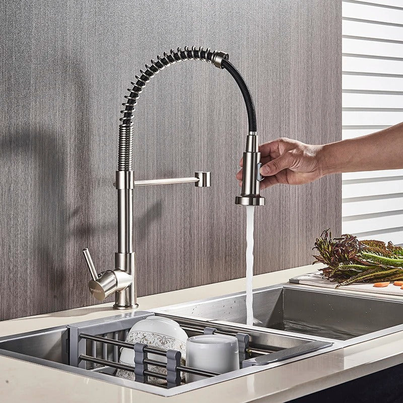 Brass Single-Hole Faucet with Rotating Spout & Detachable Spray Nozzle for Contemporary Kitchens & Dual-Basin Prep Areas