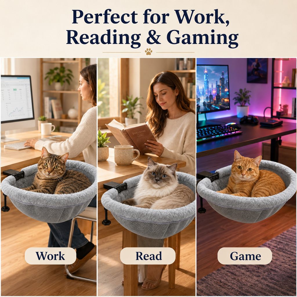 Ortekor Desk-Mounted Cat Bed for Home Offices - Space-Saving Clamp-On Cat Hammock
