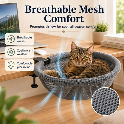 Ortekor Desk-Mounted Cat Bed for Home Offices - Space-Saving Clamp-On Cat Hammock