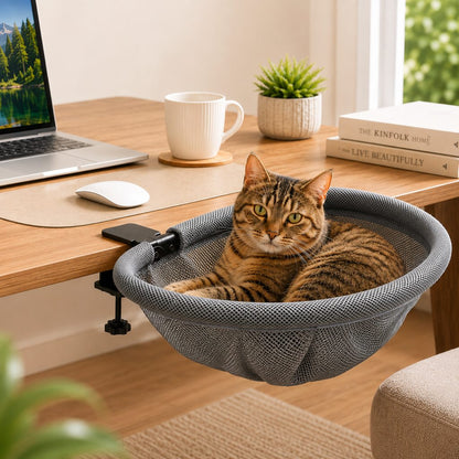 Ortekor Desk-Mounted Cat Bed for Home Offices - Space-Saving Clamp-On Cat Hammock