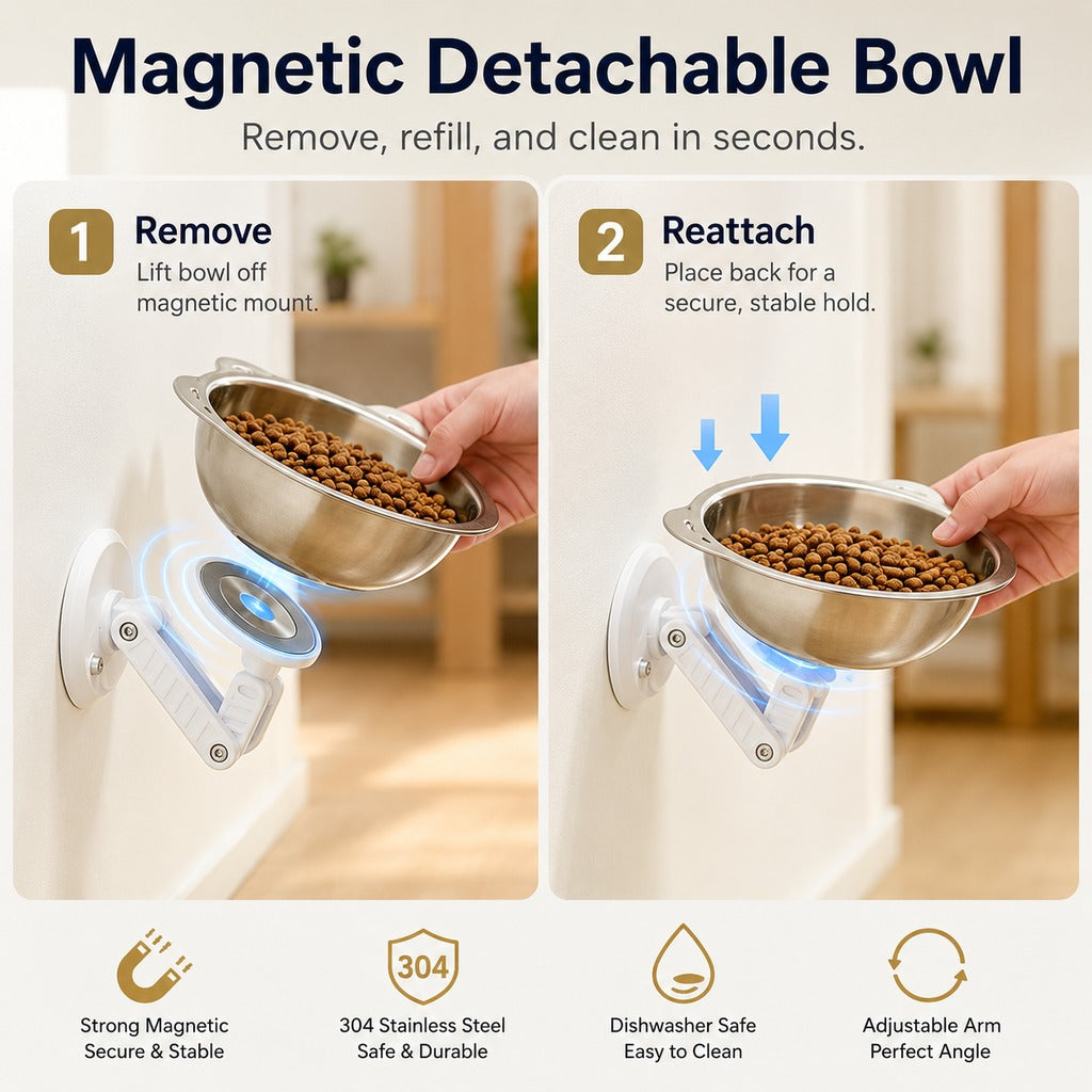Ortekor No-Drill Wall-Mounted Pet Bowl for Small Dogs & Cats - Elevated Feeding for Cleaner Floors