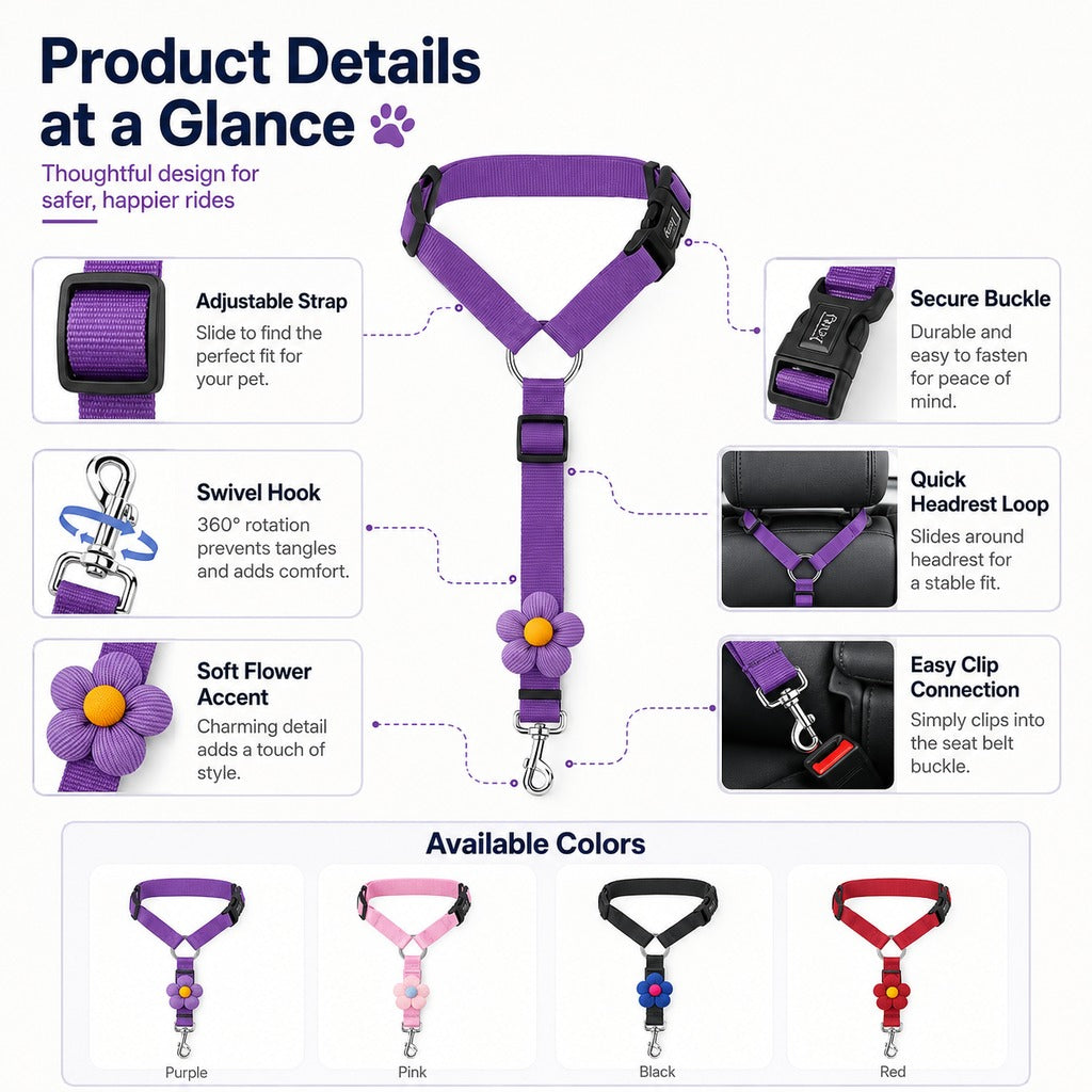 Ortekor Adjustable Dog Car Seat Belt for Back Seat Travel - Helps Keep Pets Secure & Reduce Driver Distraction