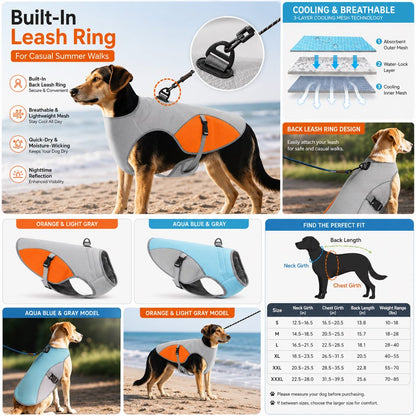 Ortekor Dog Cooling Vest for Summer Walks - Wet-to-Cool Lightweight Jacket with Leash Ring for Hot Weather Outdoor Comfort