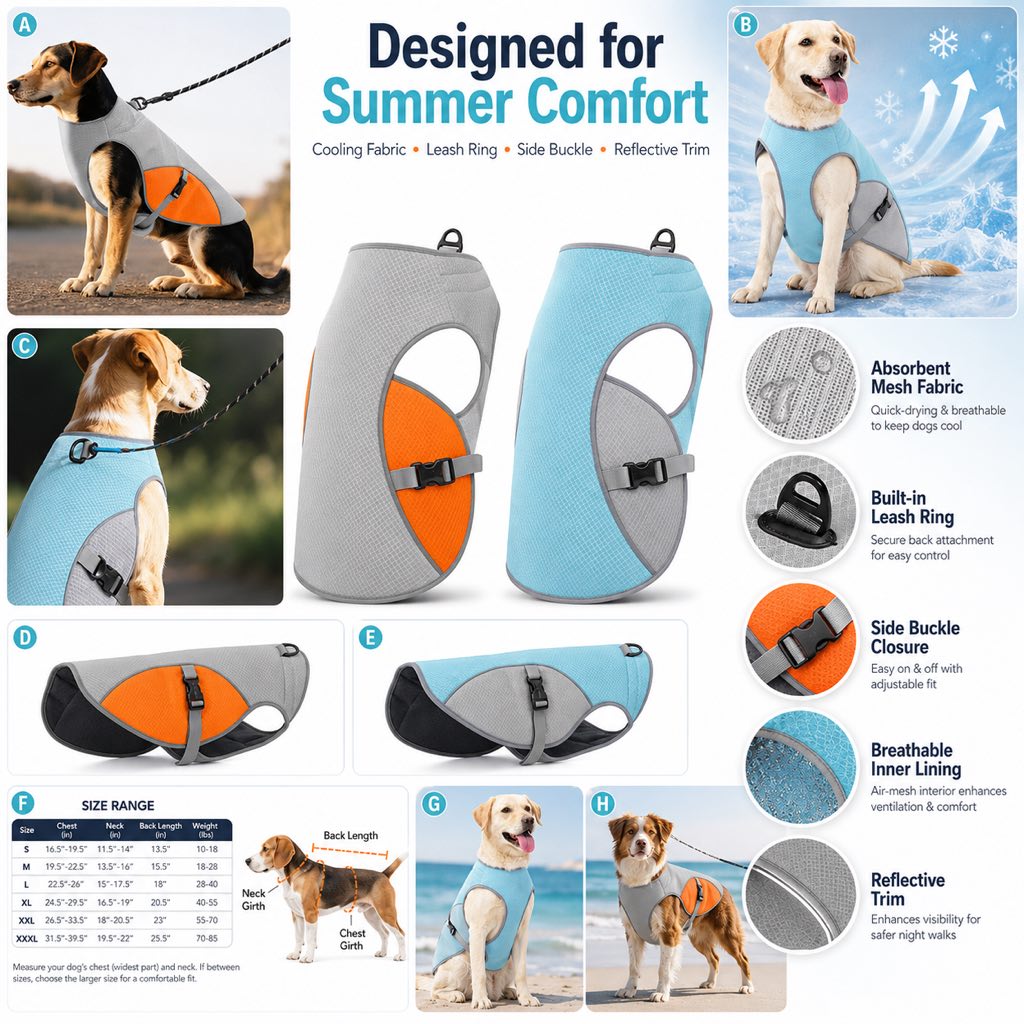 Ortekor Dog Cooling Vest for Summer Walks - Wet-to-Cool Lightweight Jacket with Leash Ring for Hot Weather Outdoor Comfort