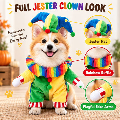 Ortekor Halloween Jester Clown Dog Costume with Hat & Fake Arms - Funny Photo-Ready Pet Outfit for Trick-or-Treat Parties