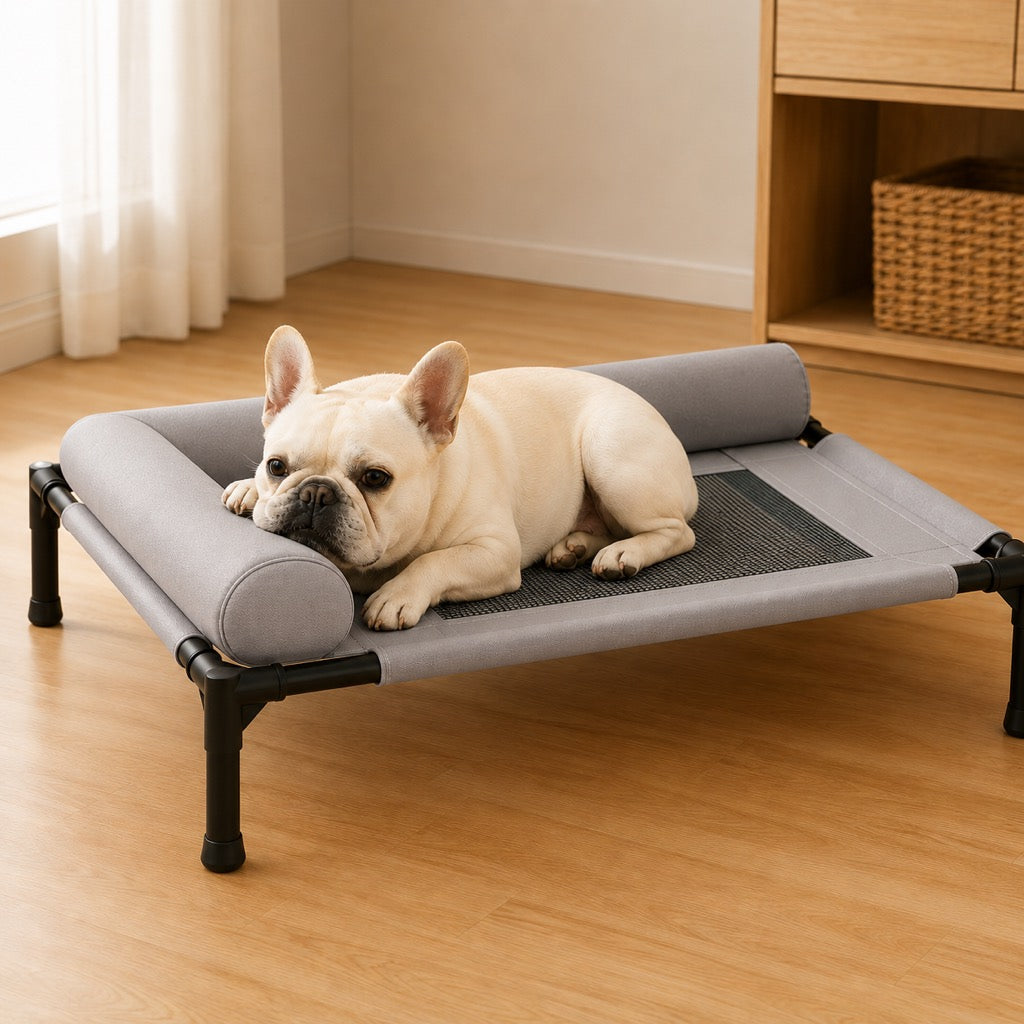Ortekor French Bulldog Elevated Dog Cot for All-Season Indoor Naps - Breathable Raised Pet Bed with Soft Bolsters for Cooler Rest & Easy Cleaning