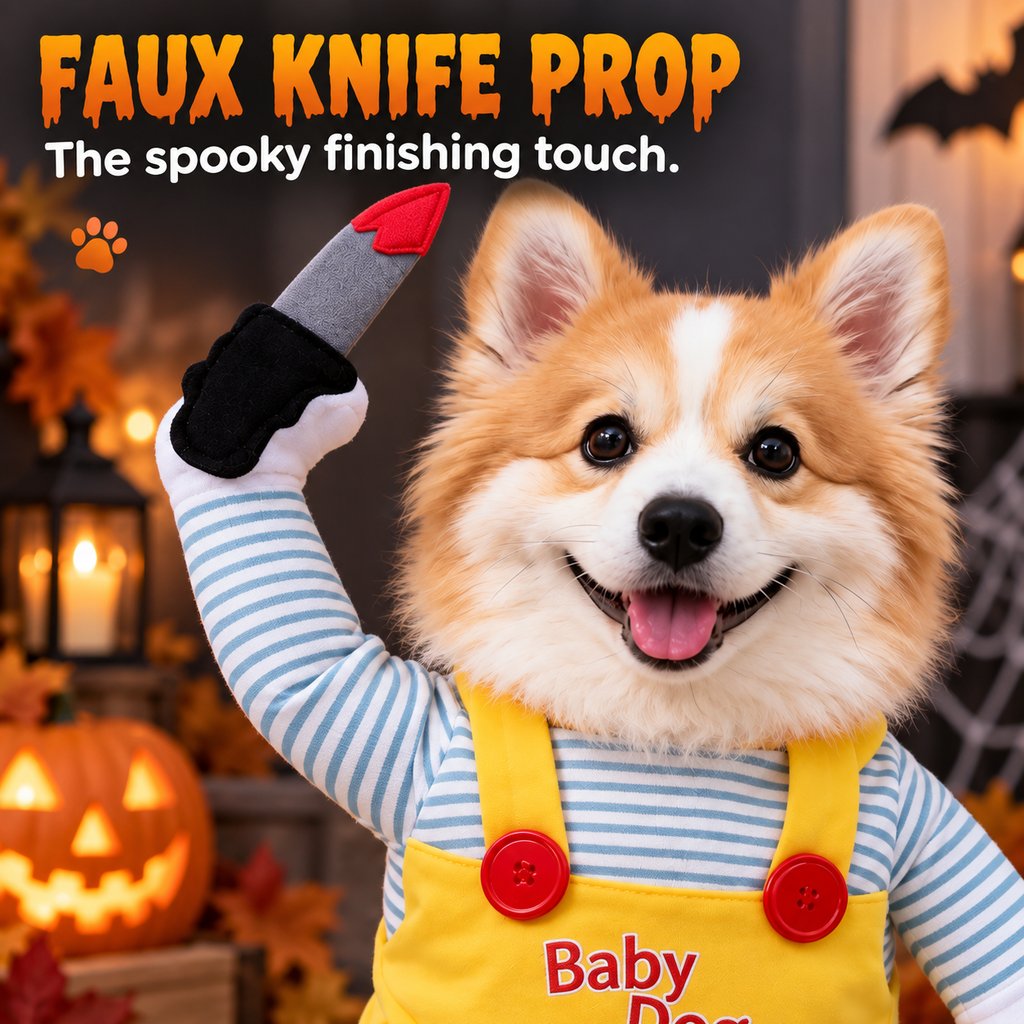 Ortekor Funny Horror Doll Dog Halloween Costume with Faux Knife - 3D Party & Photo Outfit for an Instant Spooky Look
