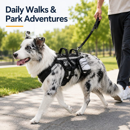 Ortekor Outdoor Dog Harness & Bungee Leash Set with Dual Handles, Storage Pouch & Patch Accessories for Hiking, Walking and Everyday Adventures