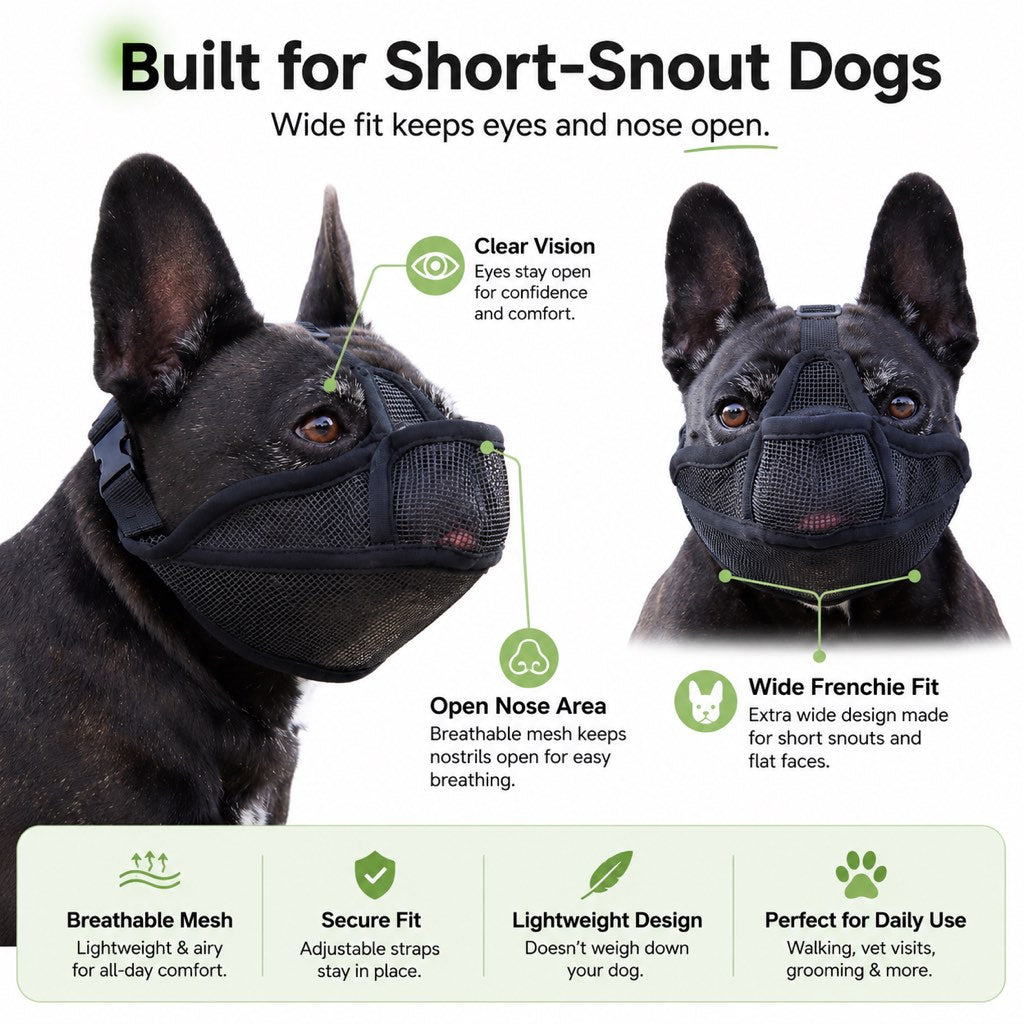 Ortekor French Bulldog Breathable Mesh Muzzle for Walks, Grooming & Scavenging Control - Drink-Friendly Short-Snout Dog Muzzle