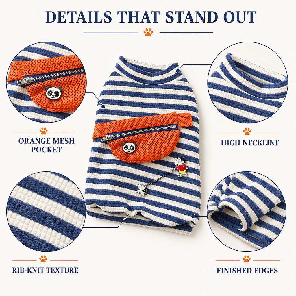 Ortekor French Bulldog Striped Pocket Pullover for Cool Indoor Spaces & Easy Walks - Broad-Chest Sizing