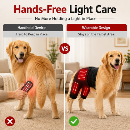 Ortekor Wearable red light therapy sleeve for dogs, used for home care of the lower back and hind legs/hips.