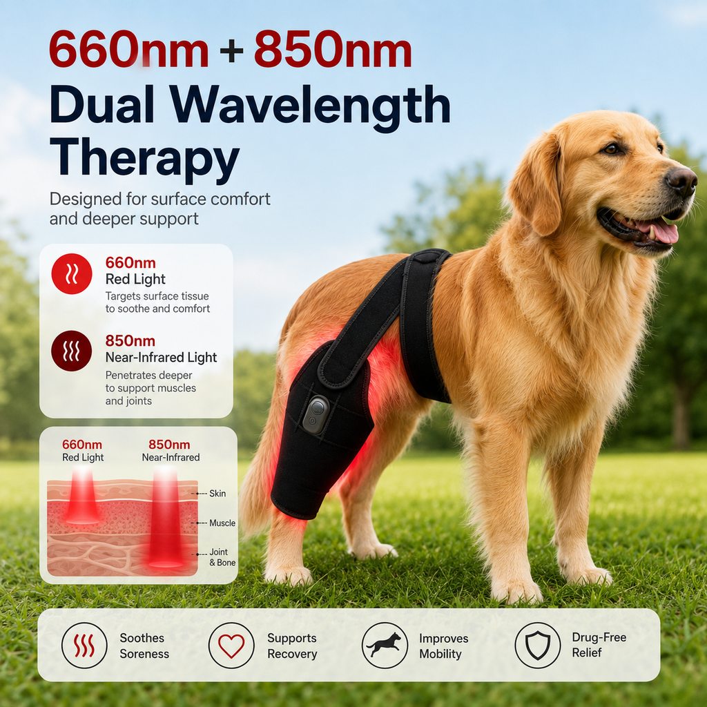 Ortekor Red light therapy leg brace for dogs, suitable for senior and active dogs, provides comfort and support for hind legs during activity.