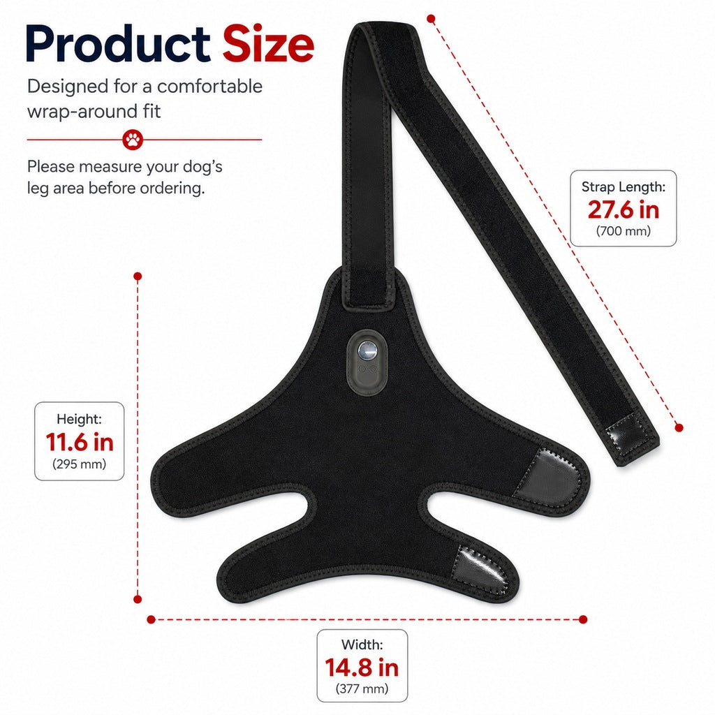 Ortekor Red light therapy leg brace for dogs, suitable for senior and active dogs, provides comfort and support for hind legs during activity.