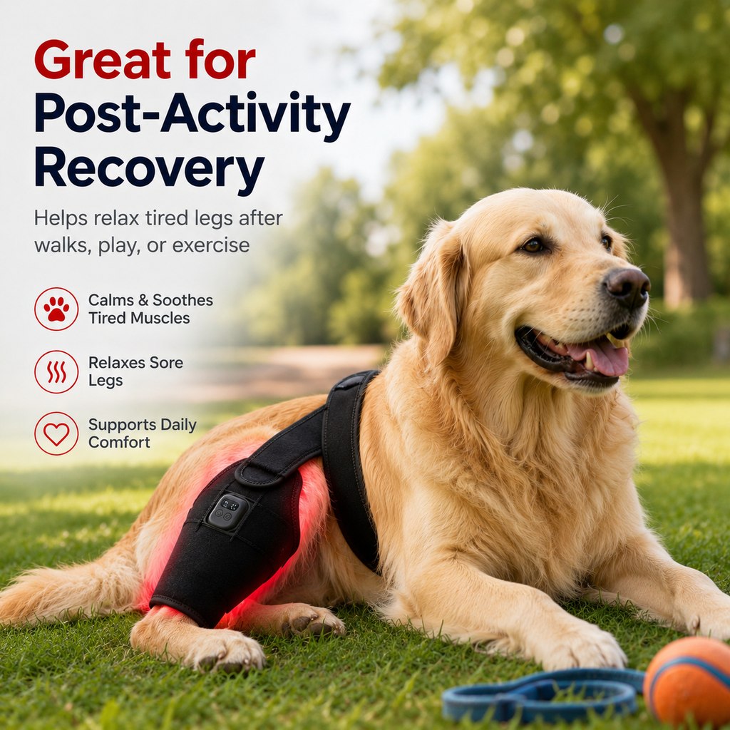 Ortekor Red light therapy leg brace for dogs, suitable for senior and active dogs, provides comfort and support for hind legs during activity.