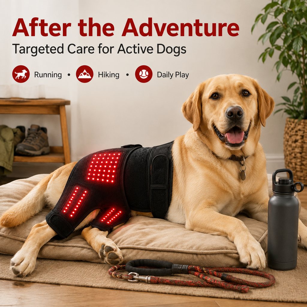 Ortekor Wearable red light therapy sleeve for dogs, used for home care of the lower back and hind legs/hips.
