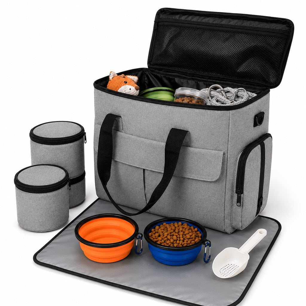 Ortekor Pet Travel Bag for Dogs & Cats – Weekend Road Trip Organizer with Collapsible Bowls, Food Storage, Pockets & Luggage Sleeve