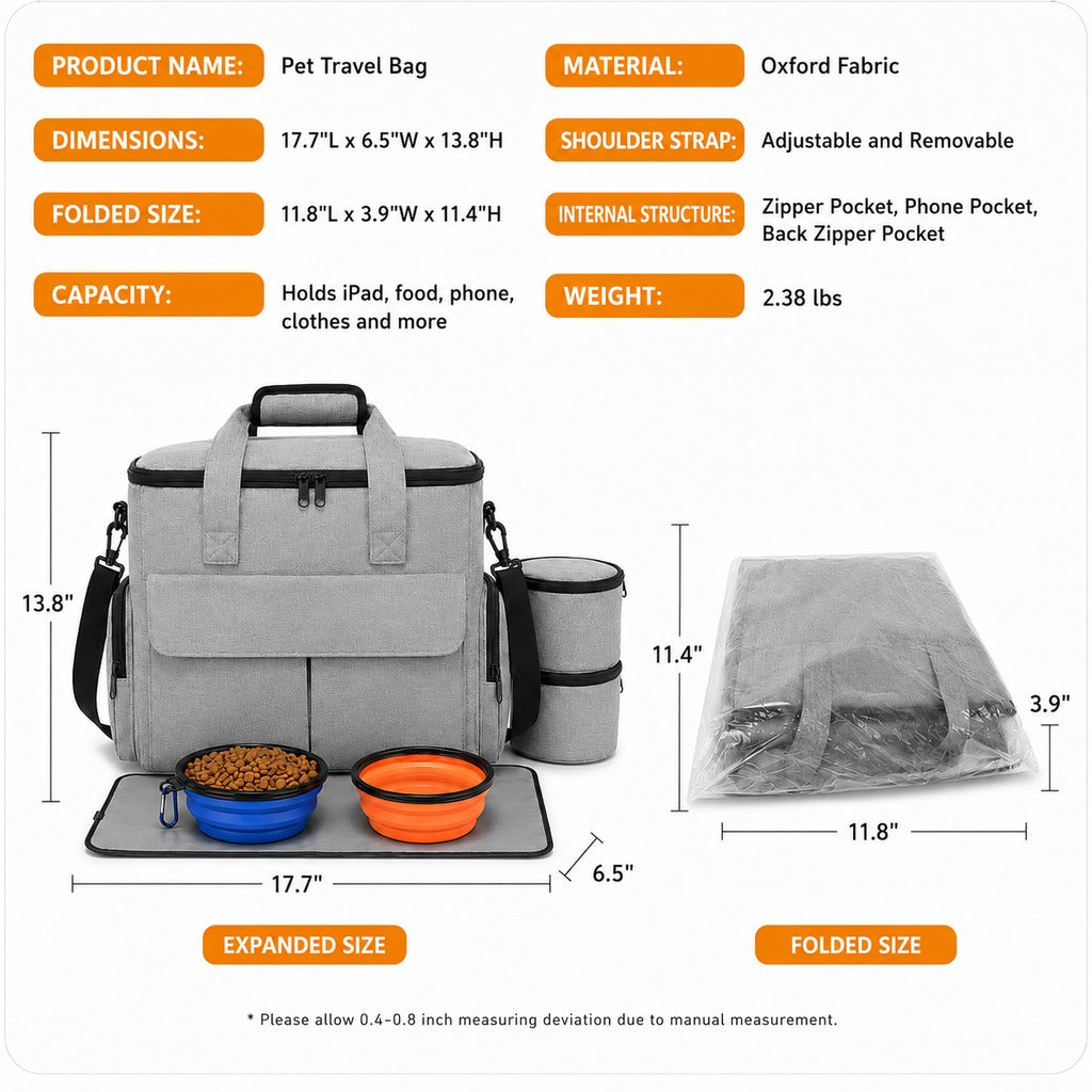 Ortekor Pet Travel Bag for Dogs & Cats – Weekend Road Trip Organizer with Collapsible Bowls, Food Storage, Pockets & Luggage Sleeve