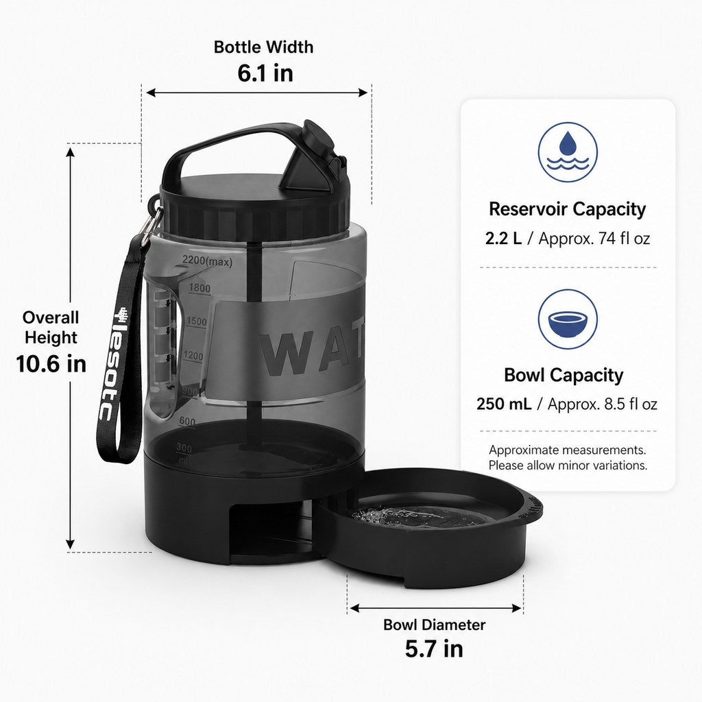 Ortekor 2.2L Portable Dog Travel Water Bottle with Pull-Out Bowl - Fewer Refills for Hiking, Camping & Road Trips