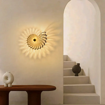Spiral Shell Accent Sconce with LED – Handcrafted Ceramic & Wood Fixture in Gold or Black for Entryways, Bedrooms & Hallways