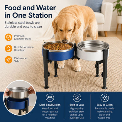 Ortekor Adjustable Raised Dog Bowl Stand for Home Feeding - No-Bend Metal Pet Bowl Holder for Cleaner, More Comfortable Meals