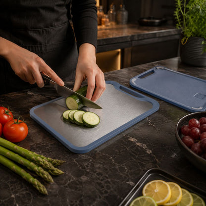 Reversible Steel & Plastic Prep Board with Juice Groove and Garlic Press for Kitchen Meat Vegetables Fruit Countertop Cooking
