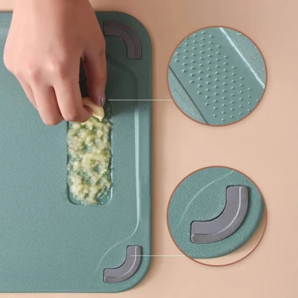Reversible Steel & Plastic Prep Board with Juice Groove and Garlic Press for Kitchen Meat Vegetables Fruit Countertop Cooking