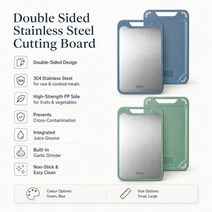 Reversible Steel & Plastic Prep Board with Juice Groove and Garlic Press for Kitchen Meat Vegetables Fruit Countertop Cooking