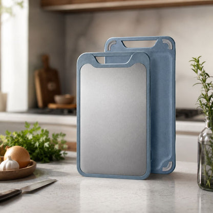 Reversible Steel & Plastic Prep Board with Juice Groove and Garlic Press for Kitchen Meat Vegetables Fruit Countertop Cooking