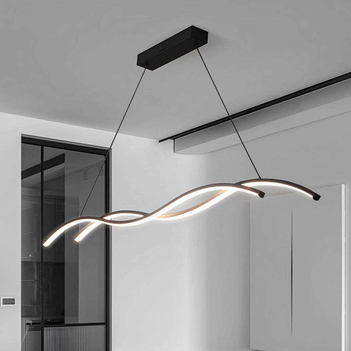 Curved LED Overhead Fixture 59 in Black Aluminum Wave Design Adjustable Height Remote Dimming Kitchen Island Dining Table Suspension Lamp Co