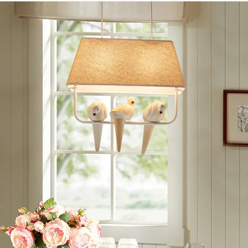 Fabric Drum Shade Hanging Light Fixture with Bird Ornament E27 Socket Beige Ceiling Lamp for Dining Kitchen Living Room Bedroom Ambient Over