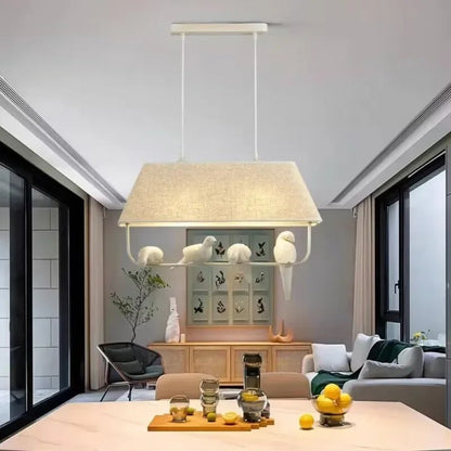 Fabric Drum Shade Hanging Light Fixture with Bird Ornament E27 Socket Beige Ceiling Lamp for Dining Kitchen Living Room Bedroom Ambient Over
