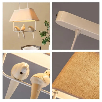 Fabric Drum Shade Hanging Light Fixture with Bird Ornament E27 Socket Beige Ceiling Lamp for Dining Kitchen Living Room Bedroom Ambient Over