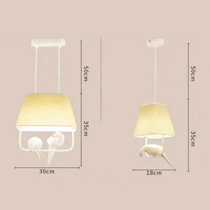 Fabric Drum Shade Hanging Light Fixture with Bird Ornament E27 Socket Beige Ceiling Lamp for Dining Kitchen Living Room Bedroom Ambient Over