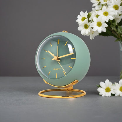 Compact Metal Desk Clock Quartz Movement Green Gold Finish Analog Nightstand Timepiece for Bedroom Home Office Small Retro Accent