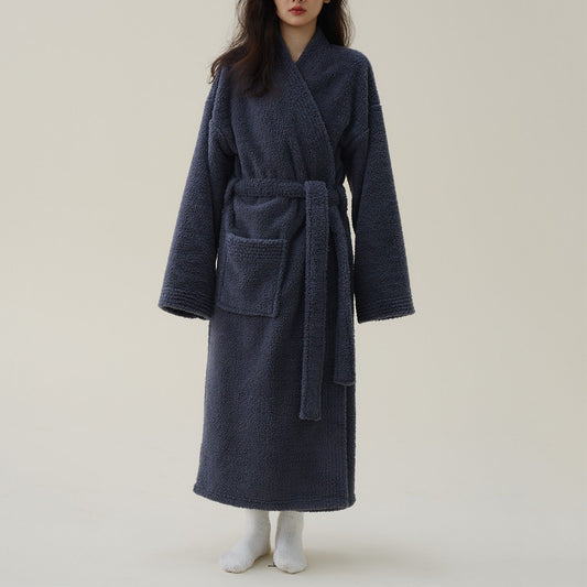 Women's Plush Fleece Robe – Long Kimono Style Bathrobe for Winter Warmth & Relaxation at Home